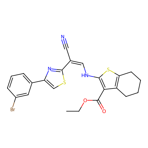 (Z)-ethyl 2-((2-(4-(3-bromophenyl)thiazol-2-yl)-2-cyanovinyl)amino)-4,5,6,7-tetrahydrobenzo[b]thiophene-3-carboxylate structure