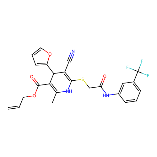 allyl 5-cyano-4-(furan-2-yl)-2-methyl-6-((2-oxo-2-((3-(trifluoromethyl)phenyl)amino)ethyl)thio)-1,4-dihydropyridine-3-carboxylate structure