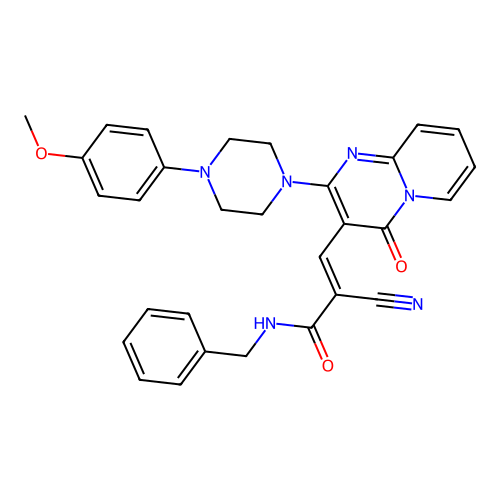 (2E)-2-cyano-3-{2-[4-(4-methoxyphenyl)piperazinyl]-4-oxo(5-hydropyridino[1,2-a ]pyrimidin-3-yl)}-N-benzylprop-2-enamide structure