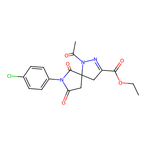 ethyl 1-acetyl-7-(4-chlorophenyl)-6,8-dioxo-1,2,7-triazaspiro[4.4]non-2-ene-3-carboxylate structure