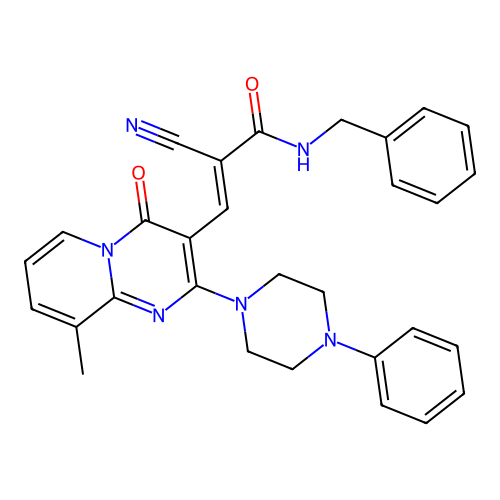 (2E)-N-benzyl-2-cyano-3-[9-methyl-4-oxo-2-(4-phenylpiperazin-1-yl)-4H-pyrido[1,2-a]pyrimidin-3-yl]prop-2-enamide structure