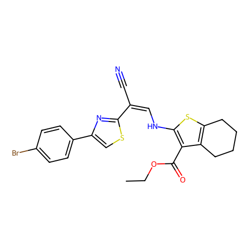 (Z)-ethyl 2-((2-(4-(4-bromophenyl)thiazol-2-yl)-2-cyanovinyl)amino)-4,5,6,7-tetrahydrobenzo[b]thiophene-3-carboxylate structure