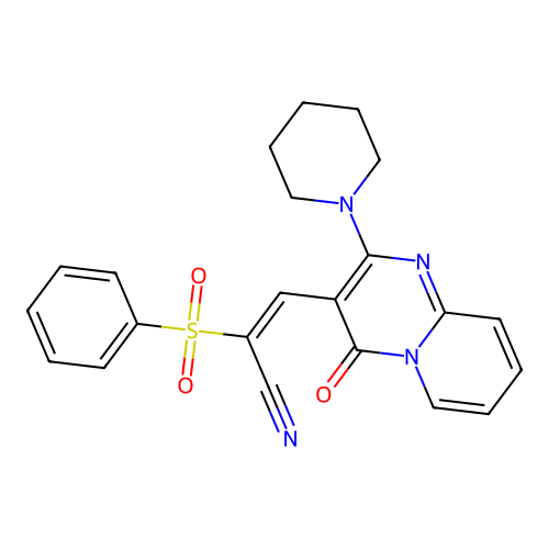 (2E)-2-(benzenesulfonyl)-3-[4-oxo-2-(piperidin-1-yl)-4H-pyrido[1,2-a]pyrimidin-3-yl]prop-2-enenitrile structure