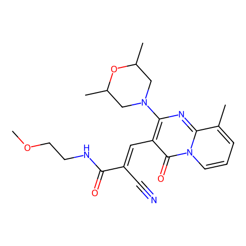 (2E)-2-cyano-3-[2-(2,6-dimethylmorpholin-4-yl)-9-methyl-4-oxo-4H-pyrido[1,2-a]pyrimidin-3-yl]-N-(2-methoxyethyl)prop-2-enamide structure