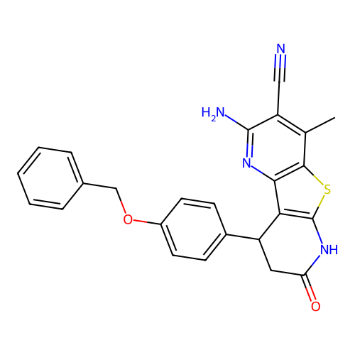 2-amino-9-(4-(benzyloxy)phenyl)-4-methyl-7-oxo-6,7,8,9-tetrahydrothieno[2,3-b:4,5-b']dipyridine-3-carbonitrile structure