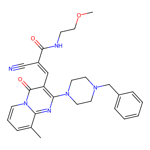(2E)-3-[2-(4-benzylpiperazin-1-yl)-9-methyl-4-oxo-4H-pyrido[1,2-a]pyrimidin-3-yl]-2-cyano-N-(2-methoxyethyl)prop-2-enamide structure
