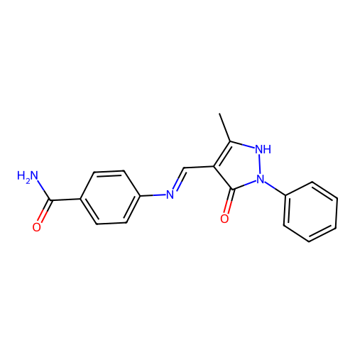 4-[(3-methyl-5-oxo-1-phenylpyrazol-4-ylidene)methylamino]benzamide structure