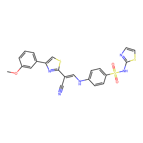 (E)-4-((2-cyano-2-(4-(3-methoxyphenyl)thiazol-2-yl)vinyl)amino)-N-(thiazol-2-yl)benzenesulfonamide structure