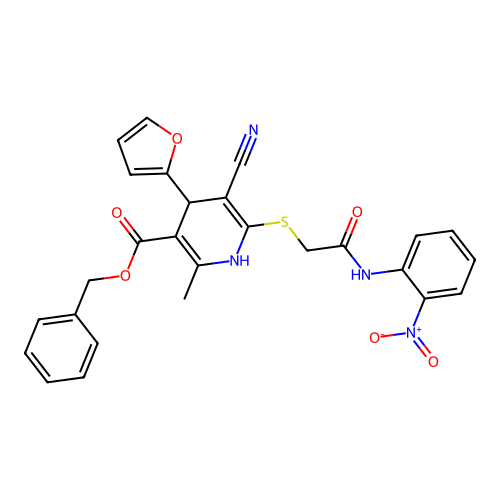 benzyl 5-cyano-4-(furan-2-yl)-2-methyl-6-((2-((2-nitrophenyl)amino)-2-oxoethyl)thio)-1,4-dihydropyridine-3-carboxylate structure