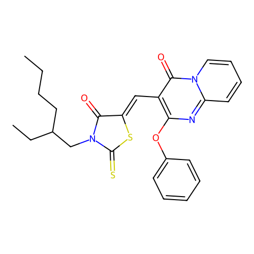 3-{(Z)-[3-(2-ethylhexyl)-4-oxo-2-thioxo-1,3-thiazolidin-5-ylidene]methyl}-2-phenoxy-4H-pyrido[1,2-a]pyrimidin-4-one structure