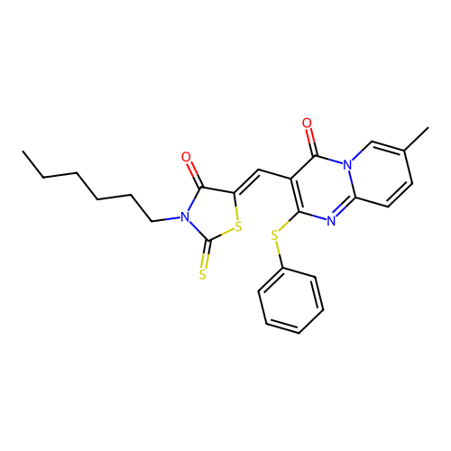 3-[(Z)-(3-hexyl-4-oxo-2-thioxo-1,3-thiazolidin-5-ylidene)methyl]-7-methyl-2-(phenylsulfanyl)-4H-pyrido[1,2-a]pyrimidin-4-one structure