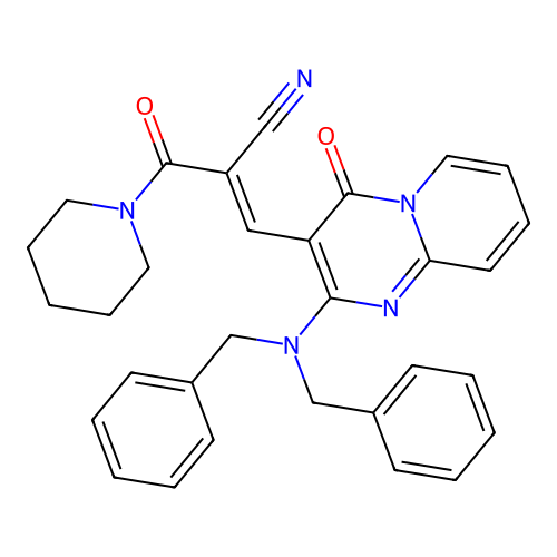 (2E)-3-[2-(dibenzylamino)-4-oxo-4H-pyrido[1,2-a]pyrimidin-3-yl]-2-(piperidin-1-ylcarbonyl)prop-2-enenitrile structure