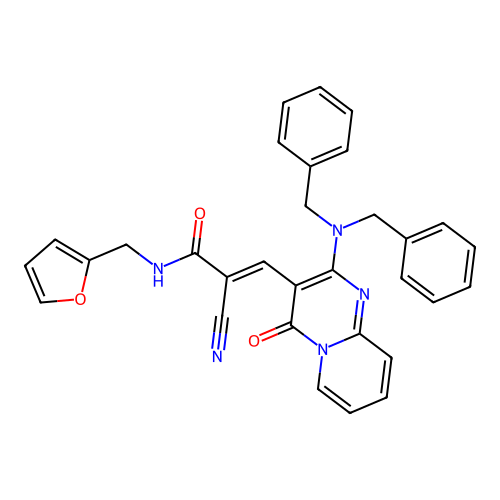(2E)-2-cyano-3-[2-(dibenzylamino)-4-oxo-4H-pyrido[1,2-a]pyrimidin-3-yl]-N-(furan-2-ylmethyl)prop-2-enamide structure