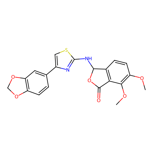 3-((4-(benzo[d][1,3]dioxol-5-yl)thiazol-2-yl)amino)-6,7-dimethoxyisobenzofuran-1(3H)-one structure