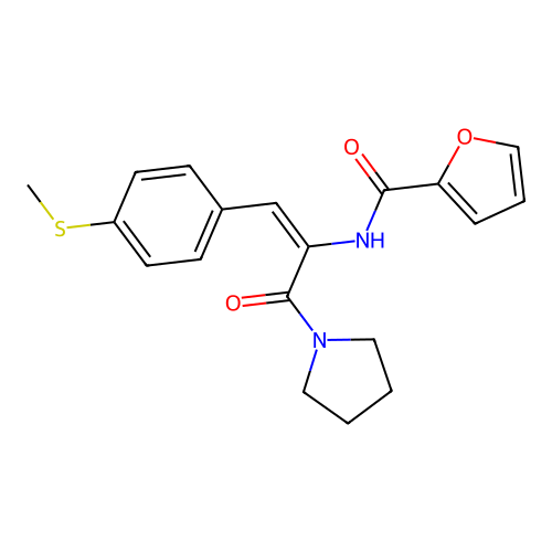 (E)-N-(1-(4-(methylthio)phenyl)-3-oxo-3-(pyrrolidin-1-yl)prop-1-en-2-yl)furan-2-carboxamide structure