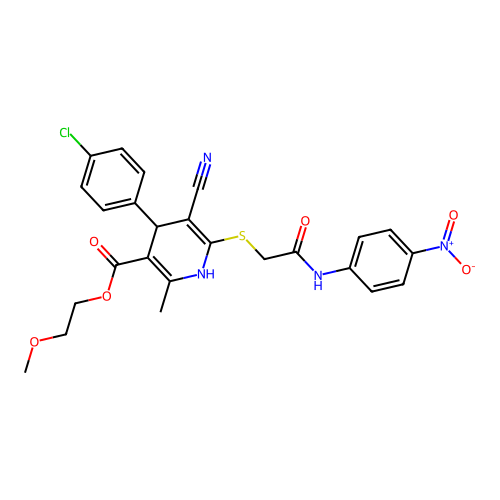 2-methoxyethyl 4-(4-chlorophenyl)-5-cyano-2-methyl-6-((2-((4-nitrophenyl)amino)-2-oxoethyl)thio)-1,4-dihydropyridine-3-carboxylate structure