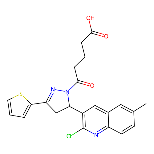 5-[3-(2-chloro-6-methylquinolin-3-yl)-5-thiophen-2-yl-3,4-dihydropyrazol-2-yl]-5-oxopentanoic acid structure