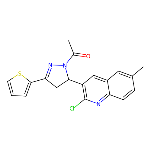 1-(5-(2-chloro-6-methylquinolin-3-yl)-3-(thiophen-2-yl)-4,5-dihydro-1H-pyrazol-1-yl)ethanone structure