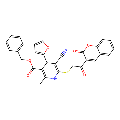 benzyl 5-cyano-4-(furan-2-yl)-2-methyl-6-((2-oxo-2-(2-oxo-2H-chromen-3-yl)ethyl)thio)-1,4-dihydropyridine-3-carboxylate structure