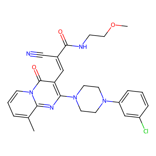 (2E)-3-{2-[4-(3-chlorophenyl)piperazin-1-yl]-9-methyl-4-oxo-4H-pyrido[1,2-a]pyrimidin-3-yl}-2-cyano-N-(2-methoxyethyl)prop-2-enamide structure