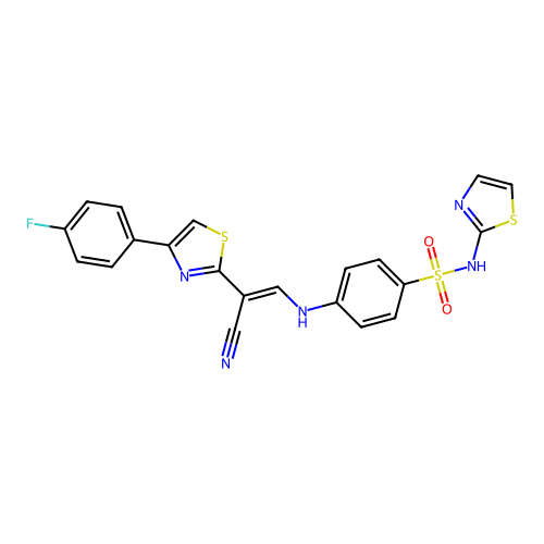 (E)-4-((2-cyano-2-(4-(4-fluorophenyl)thiazol-2-yl)vinyl)amino)-N-(thiazol-2-yl)benzenesulfonamide structure