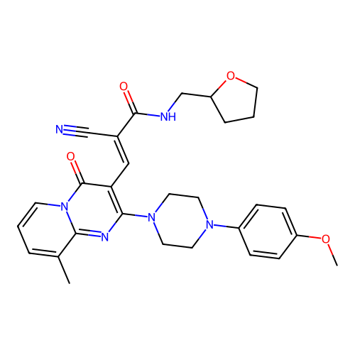 (2E)-2-cyano-3-{2-[4-(4-methoxyphenyl)piperazin-1-yl]-9-methyl-4-oxo-4H-pyrido[1,2-a]pyrimidin-3-yl}-N-(oxolan-2-ylmethyl)prop-2-enamide structure