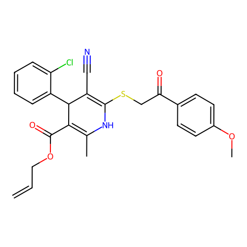 allyl 4-(2-chlorophenyl)-5-cyano-6-((2-(4-methoxyphenyl)-2-oxoethyl)thio)-2-methyl-1,4-dihydropyridine-3-carboxylate structure