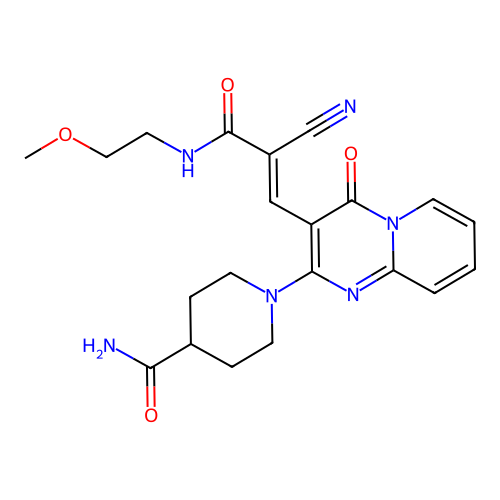 (E)-1-(3-(2-cyano-3-((2-methoxyethyl)amino)-3-oxoprop-1-en-1-yl)-4-oxo-4H-pyrido[1,2-a]pyrimidin-2-yl)piperidine-4-carboxamide structure