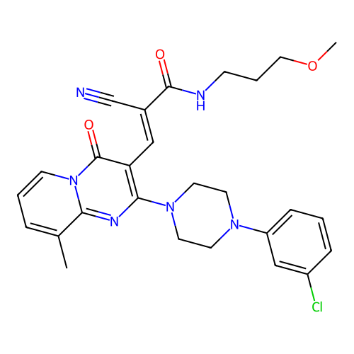 (2E)-3-{2-[4-(3-chlorophenyl)piperazin-1-yl]-9-methyl-4-oxo-4H-pyrido[1,2-a]pyrimidin-3-yl}-2-cyano-N-(3-methoxypropyl)prop-2-enamide structure