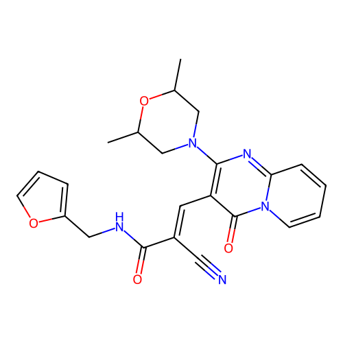 (2E)-2-cyano-3-[2-(2,6-dimethylmorpholin-4-yl)-4-oxo-4H-pyrido[1,2-a]pyrimidin-3-yl]-N-(furan-2-ylmethyl)prop-2-enamide structure