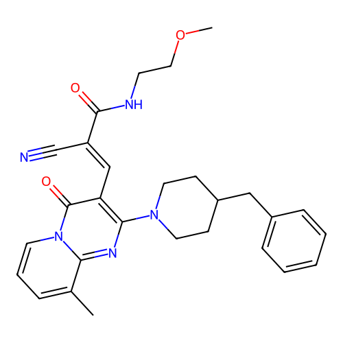 (2E)-3-[2-(4-benzylpiperidin-1-yl)-9-methyl-4-oxo-4H-pyrido[1,2-a]pyrimidin-3-yl]-2-cyano-N-(2-methoxyethyl)prop-2-enamide structure
