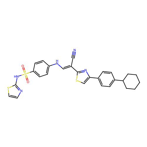 (E)-4-((2-cyano-2-(4-(4-cyclohexylphenyl)thiazol-2-yl)vinyl)amino)-N-(thiazol-2-yl)benzenesulfonamide structure