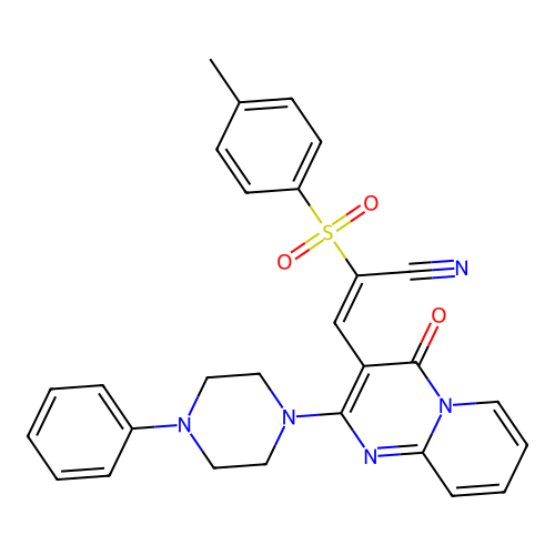 (2E)-2-[(4-methylphenyl)sulfonyl]-3-[4-oxo-2-(4-phenylpiperazin-1-yl)-4H-pyrido[1,2-a]pyrimidin-3-yl]prop-2-enenitrile structure