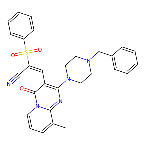 (2E)-2-(benzenesulfonyl)-3-[2-(4-benzylpiperazin-1-yl)-9-methyl-4-oxo-4H-pyrido[1,2-a]pyrimidin-3-yl]prop-2-enenitrile structure