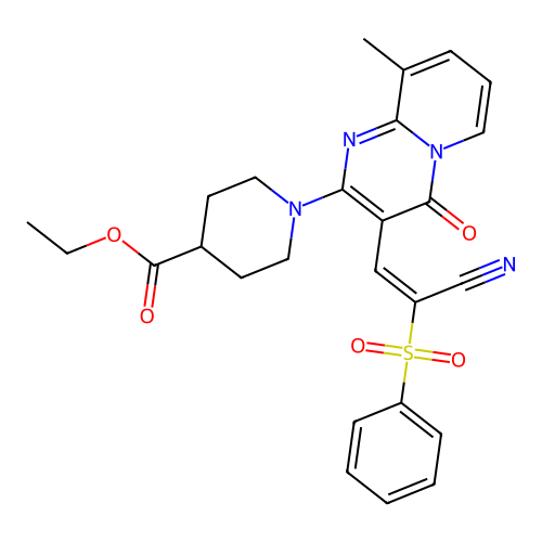 (E)-ethyl 1-(3-(2-cyano-2-(phenylsulfonyl)vinyl)-9-methyl-4-oxo-4H-pyrido[1,2-a]pyrimidin-2-yl)piperidine-4-carboxylate structure