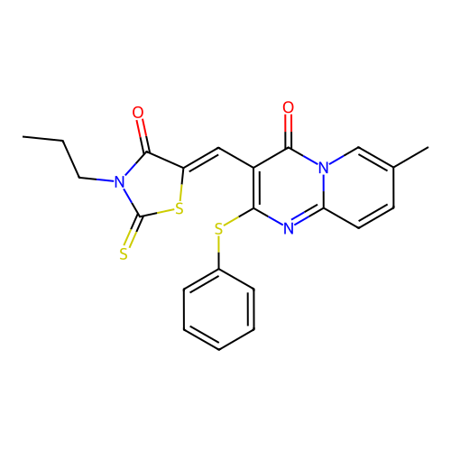 7-methyl-3-[(Z)-(4-oxo-3-propyl-2-thioxo-1,3-thiazolidin-5-ylidene)methyl]-2-(phenylsulfanyl)-4H-pyrido[1,2-a]pyrimidin-4-one structure