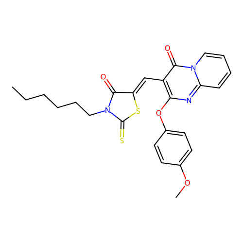 3-[(Z)-(3-hexyl-4-oxo-2-thioxo-1,3-thiazolidin-5-ylidene)methyl]-2-(4-methoxyphenoxy)-4H-pyrido[1,2-a]pyrimidin-4-one structure