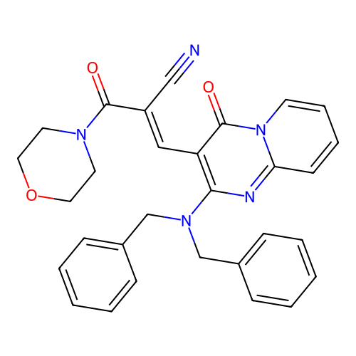 (2E)-3-[2-(dibenzylamino)-4-oxo-4H-pyrido[1,2-a]pyrimidin-3-yl]-2-(morpholin-4-ylcarbonyl)prop-2-enenitrile structure