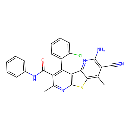 2-amino-9-(2-chlorophenyl)-3-cyano-4,7-dimethyl-N-phenylthieno[2,3-b:4,5-b']dipyridine-8-carboxamide structure