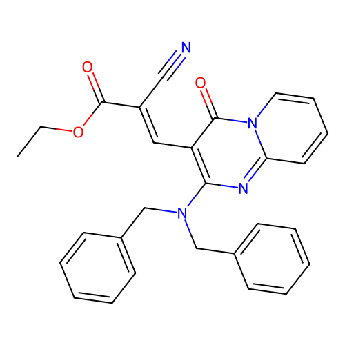 ethyl (2E)-2-cyano-3-[2-(dibenzylamino)-4-oxo-4H-pyrido[1,2-a]pyrimidin-3-yl]prop-2-enoate structure