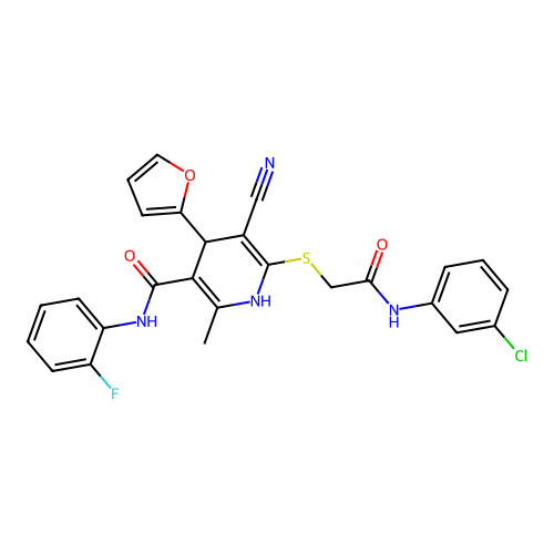 6-((2-((3-chlorophenyl)amino)-2-oxoethyl)thio)-5-cyano-N-(2-fluorophenyl)-4-(furan-2-yl)-2-methyl-1,4-dihydropyridine-3-carboxamide structure