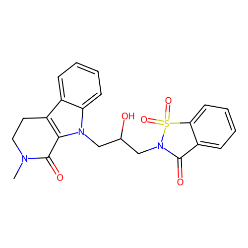 9-[3-(1,1-dioxido-3-oxo-1,2-benzothiazol-2(3H)-yl)-2-hydroxypropyl]-2-methyl-2,3,4,9-tetrahydro-1H-beta-carbolin-1-one structure