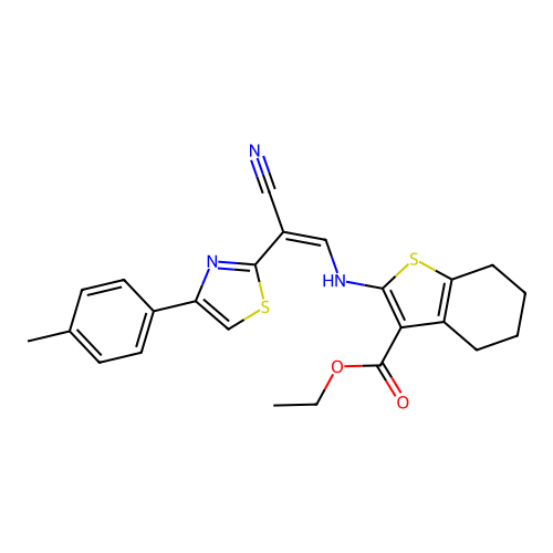 (Z)-ethyl 2-((2-cyano-2-(4-(p-tolyl)thiazol-2-yl)vinyl)amino)-4,5,6,7-tetrahydrobenzo[b]thiophene-3-carboxylate structure