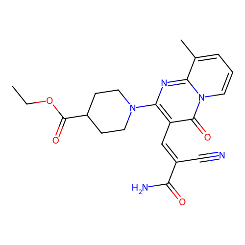 (E)-ethyl 1-(3-(3-amino-2-cyano-3-oxoprop-1-en-1-yl)-9-methyl-4-oxo-4H-pyrido[1,2-a]pyrimidin-2-yl)piperidine-4-carboxylate structure