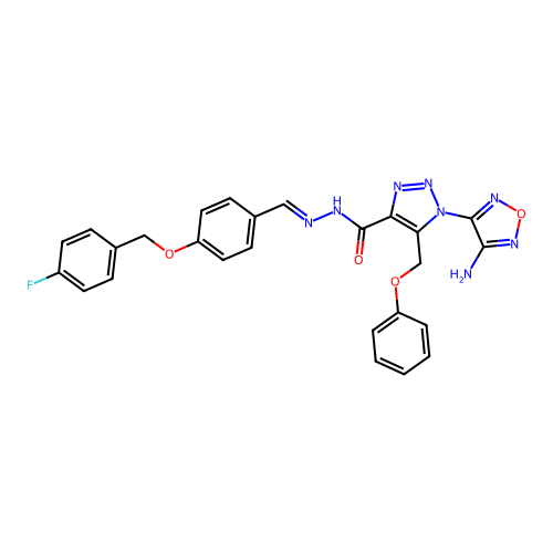 (E)-1-(4-amino-1,2,5-oxadiazol-3-yl)-N'-(4-((4-fluorobenzyl)oxy)benzylidene)-5-(phenoxymethyl)-1H-1,2,3-triazole-4-carbohydrazide structure