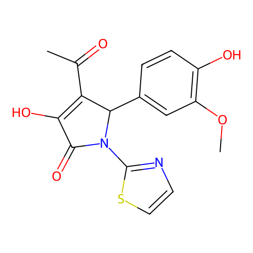 3-acetyl-4-hydroxy-2-(4-hydroxy-3-methoxyphenyl)-1-(1,3-thiazol-2-yl)-2H-pyrrol-5-one structure