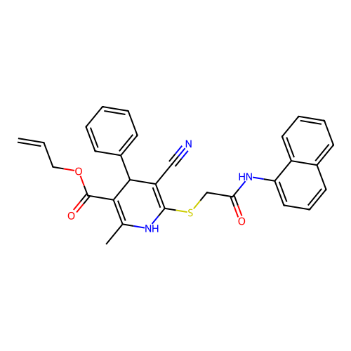 allyl 5-cyano-2-methyl-6-((2-(naphthalen-1-ylamino)-2-oxoethyl)thio)-4-phenyl-1,4-dihydropyridine-3-carboxylate structure