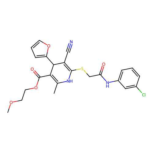 2-methoxyethyl 6-((2-((3-chlorophenyl)amino)-2-oxoethyl)thio)-5-cyano-4-(furan-2-yl)-2-methyl-1,4-dihydropyridine-3-carboxylate structure