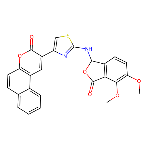 2-(2-((4,5-dimethoxy-3-oxo-1,3-dihydroisobenzofuran-1-yl)amino)thiazol-4-yl)-3H-benzo[f]chromen-3-one structure