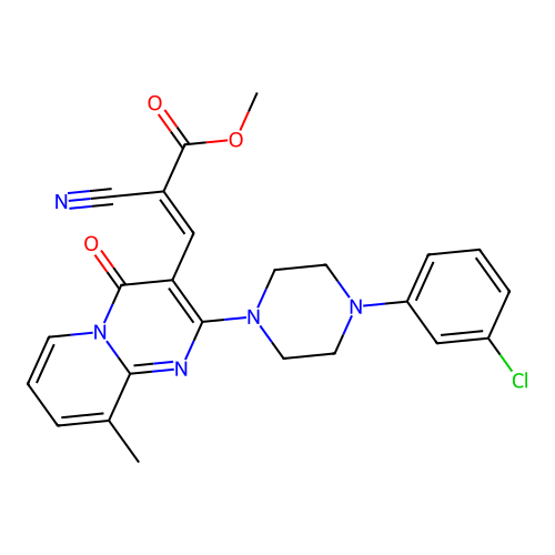 (E)-methyl 3-(2-(4-(3-chlorophenyl)piperazin-1-yl)-9-methyl-4-oxo-4H-pyrido[1,2-a]pyrimidin-3-yl)-2-cyanoacrylate structure